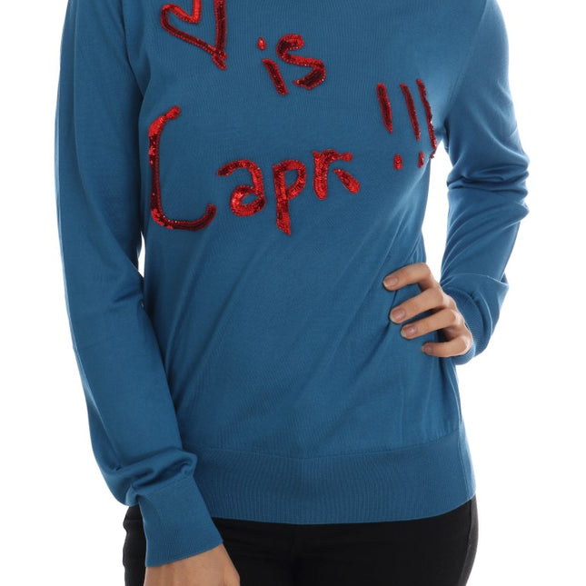 Dolce & Gabbana Blue Silk Love is Pullover Sweater