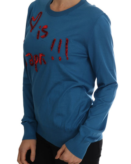 Dolce & Gabbana Blue Silk Love is Pullover Sweater