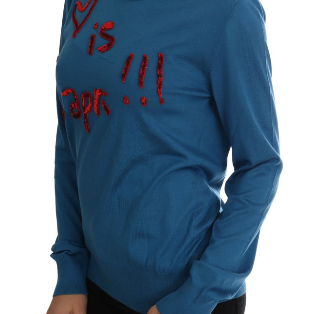 Dolce & Gabbana Blue Silk Love is Pullover Sweater