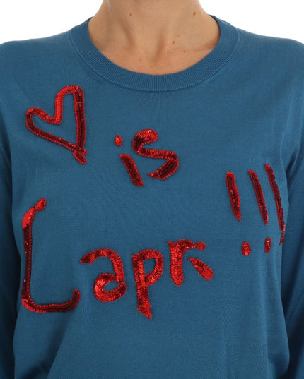 Dolce & Gabbana Blue Silk Love is Pullover Sweater
