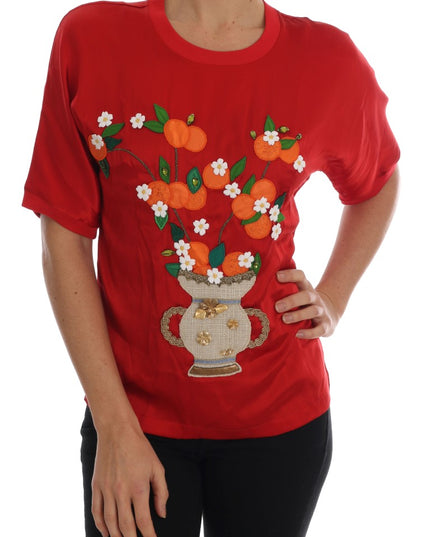 Dolce & Gabbana Red Silk Orange Vase Crystal Top
