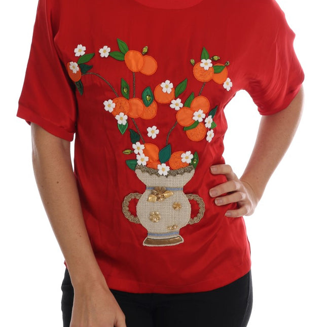 Dolce & Gabbana Red Silk Orange Vase Crystal Top