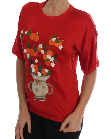 Dolce & Gabbana Red Silk Orange Vase Crystal Top