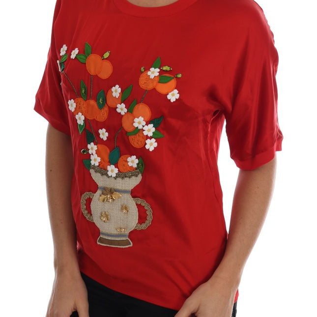 Dolce & Gabbana Red Silk Orange Vase Crystal Top