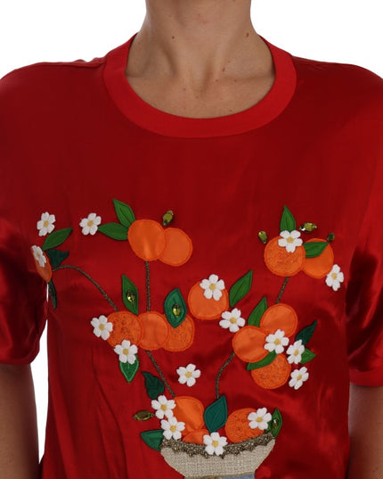 Dolce & Gabbana Red Silk Orange Vase Crystal Top