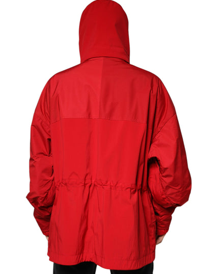 Dolce & Gabbana Red Nylon Hooded Men Full Zip Parka Jacket