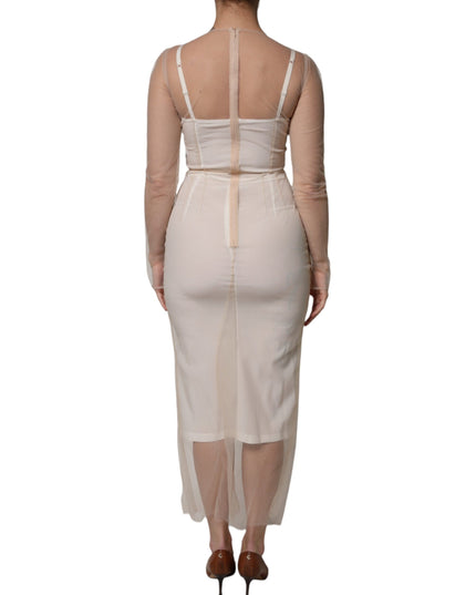 Dolce & Gabbana White Sheer Tulle Bustier Bodycon Midi Dress