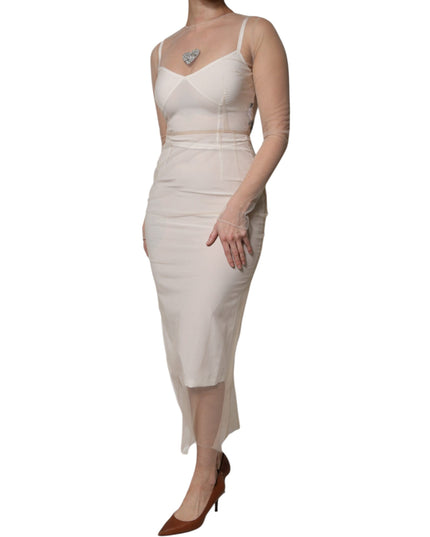 Dolce & Gabbana White Sheer Tulle Bustier Bodycon Midi Dress