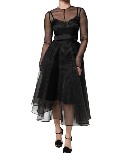 Dolce & Gabbana Black Tulle A-line Midi Cocktail Gown Dress