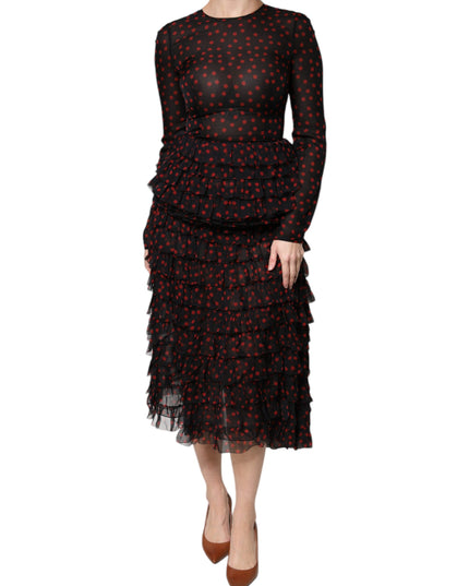 Dolce & Gabbana Black Red Polka Dot Silk Layered Midi Dress