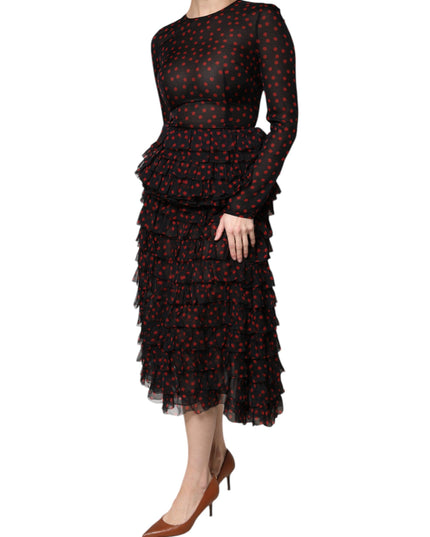 Dolce & Gabbana Black Red Polka Dot Silk Layered Midi Dress