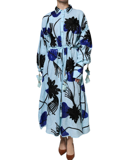 Christian Pellizzari Light Blue Floral Embellished Shirt Maxi Dress