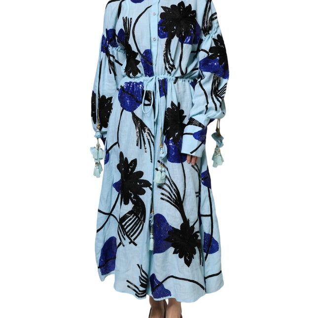 Christian Pellizzari Light Blue Floral Embellished Shirt Maxi Dress