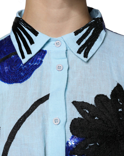 Christian Pellizzari Light Blue Floral Embellished Shirt Maxi Dress