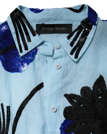Christian Pellizzari Light Blue Floral Embellished Shirt Maxi Dress