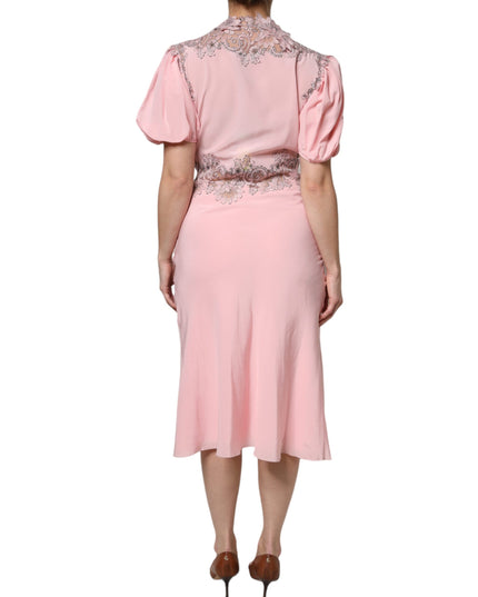 Ermanno Scervino Pink Floral Lace Short Sleeves V-neck Midi Dress
