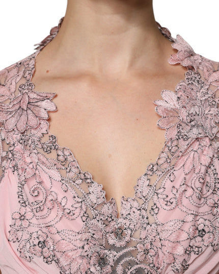 Ermanno Scervino Pink Floral Lace Short Sleeves V-neck Midi Dress