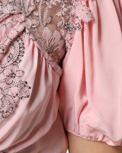 Ermanno Scervino Pink Floral Lace Short Sleeves V-neck Midi Dress