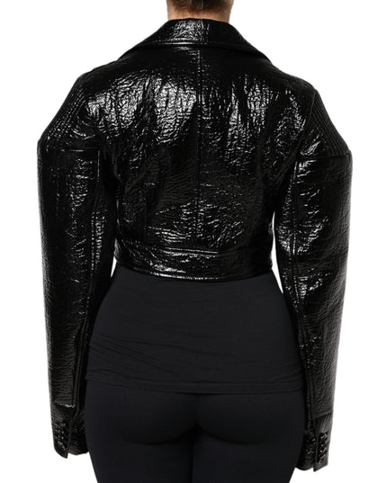 Dolce & Gabbana Black Leather Cropped Long Sleeve Coat Jacket