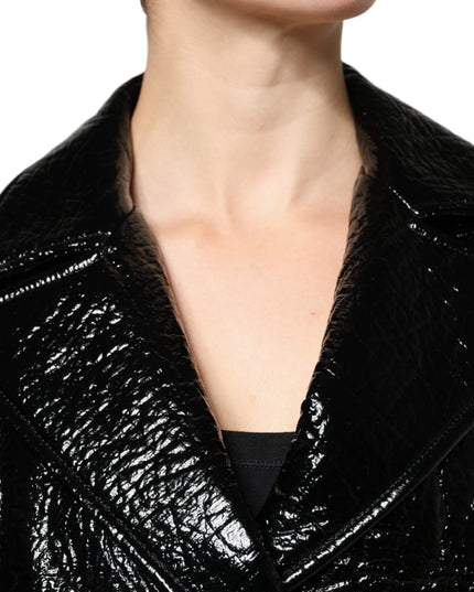 Dolce & Gabbana Black Leather Cropped Long Sleeve Coat Jacket