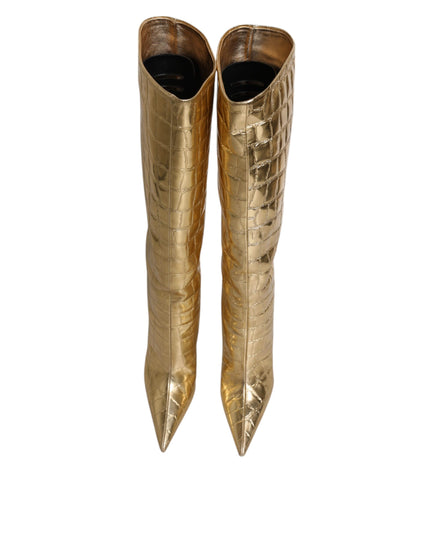 Dolce & Gabbana Gold Leather Stiletto Heels High Boots Shoes