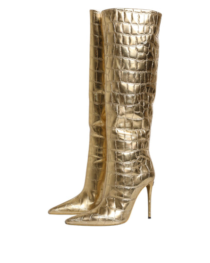 Dolce & Gabbana Gold Leather Stiletto Heels High Boots Shoes