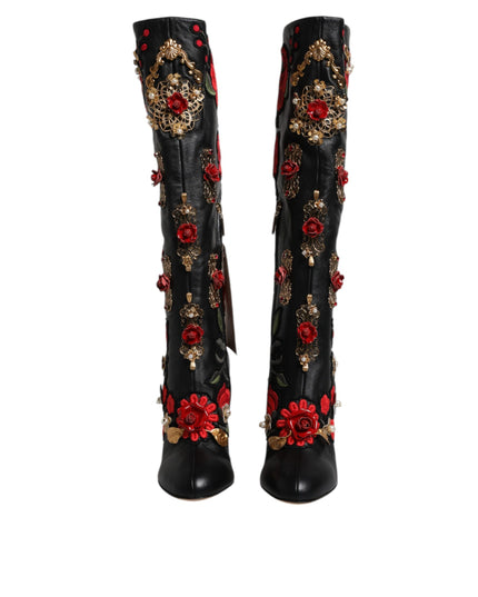 Dolce & Gabbana Black Roses Embellished Leather Heel Boots Shoes