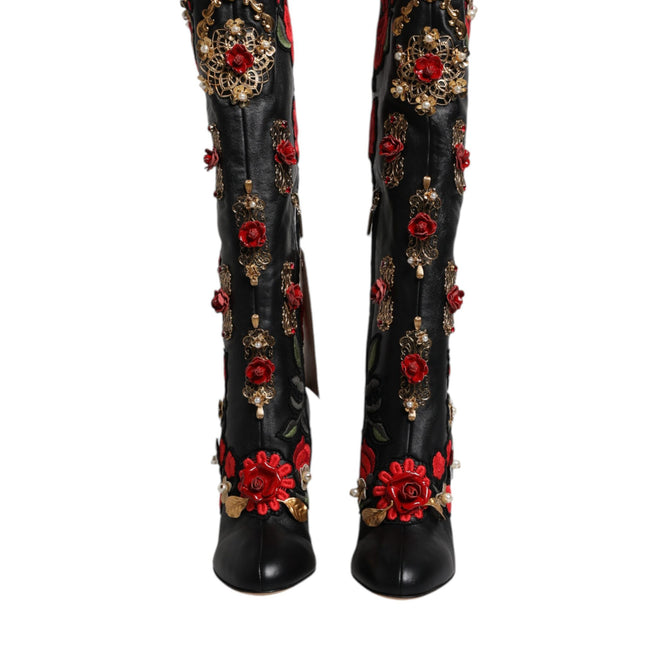 Dolce & Gabbana Black Roses Embellished Leather Heel Boots Shoes