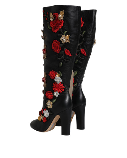 Dolce & Gabbana Black Roses Embellished Leather Heel Boots Shoes