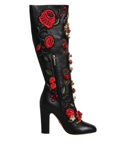 Dolce & Gabbana Black Roses Embellished Leather Heel Boots Shoes