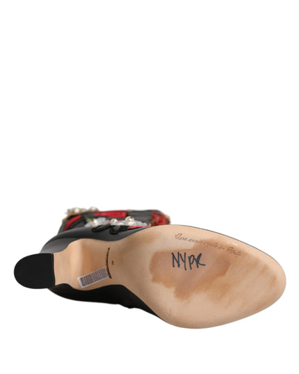 Dolce & Gabbana Black Roses Embellished Leather Heel Boots Shoes