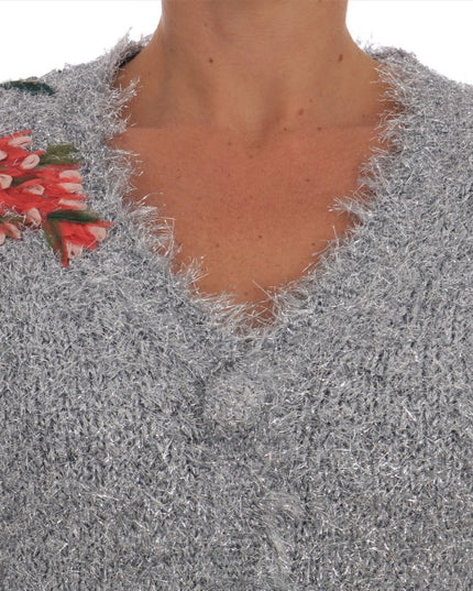 Dolce & Gabbana Silver Cardigan Floral Applique Sweater