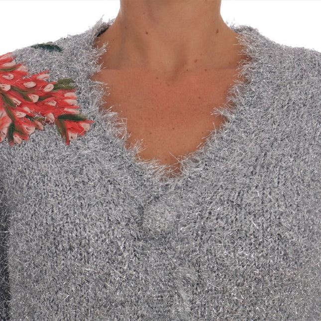 Dolce & Gabbana Silver Cardigan Floral Applique Sweater