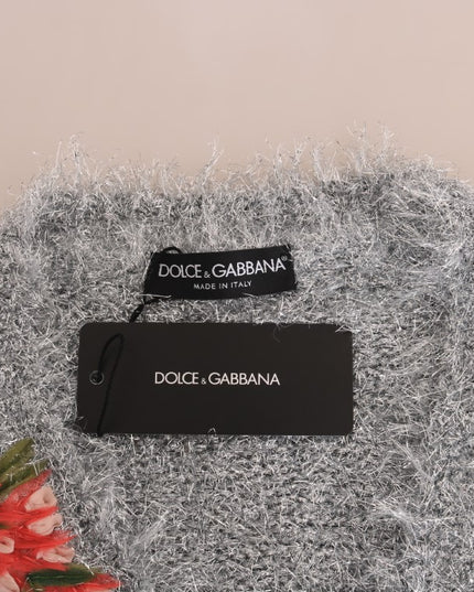 Dolce & Gabbana Silver Cardigan Floral Applique Sweater