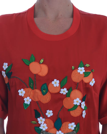 Dolce & Gabbana Red Silk Oranges Floral Crystal Blouse