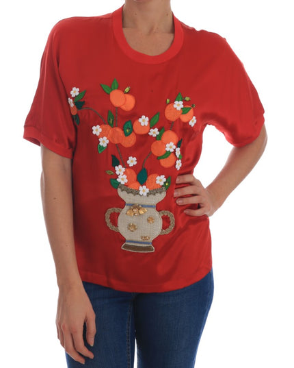 Dolce & Gabbana Red Silk Oranges Floral Crystal Blouse