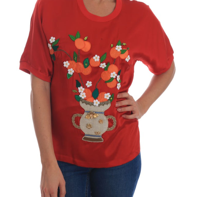 Dolce & Gabbana Red Silk Oranges Floral Crystal Blouse