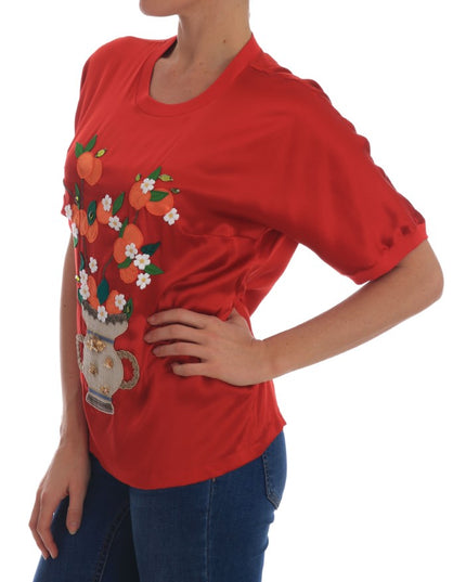 Dolce & Gabbana Red Silk Oranges Floral Crystal Blouse
