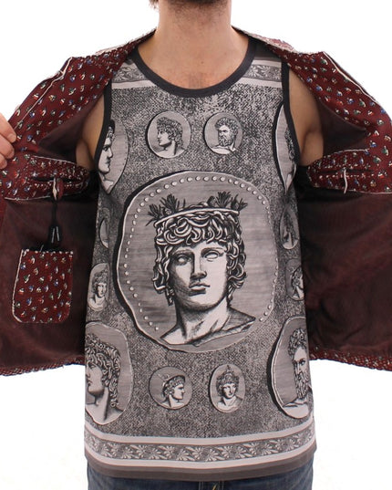 Dolce & Gabbana Bordeaux Leather Boxer Print Jacket Coat