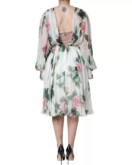 Dolce & Gabbana White Silk Floral Print A-line Midi Dress