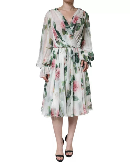 Dolce & Gabbana White Silk Floral Print A-line Midi Dress