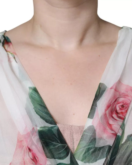 Dolce & Gabbana White Silk Floral Print A-line Midi Dress