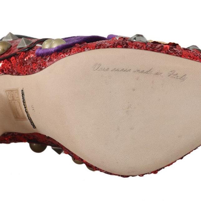 Dolce & Gabbana Red Sequined Crystal Studs Heels Shoes