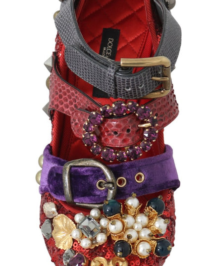 Dolce & Gabbana Red Sequined Crystal Studs Heels Shoes
