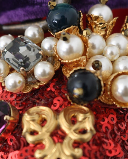 Dolce & Gabbana Red Sequined Crystal Studs Heels Shoes