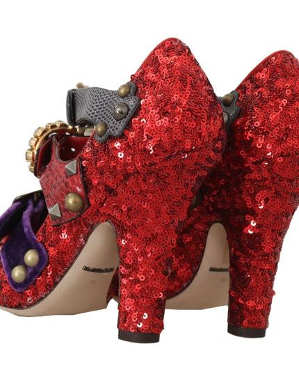 Dolce & Gabbana Red Sequined Crystal Studs Heels Shoes
