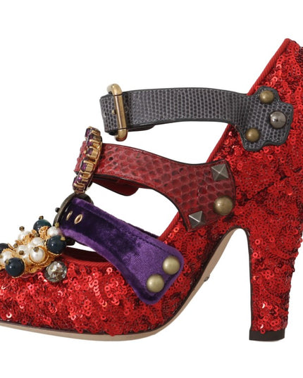 Dolce & Gabbana Red Sequined Crystal Studs Heels Shoes