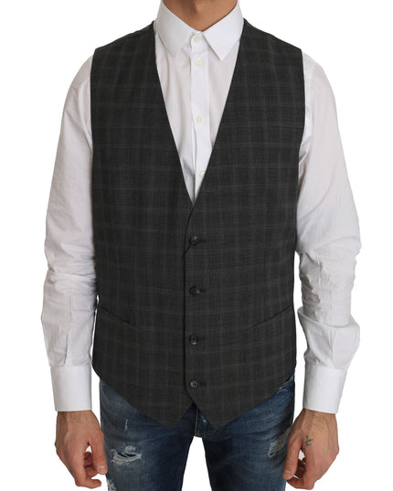 Dolce & Gabbana Gray Wool STAFF Checkered Stretch Vest
