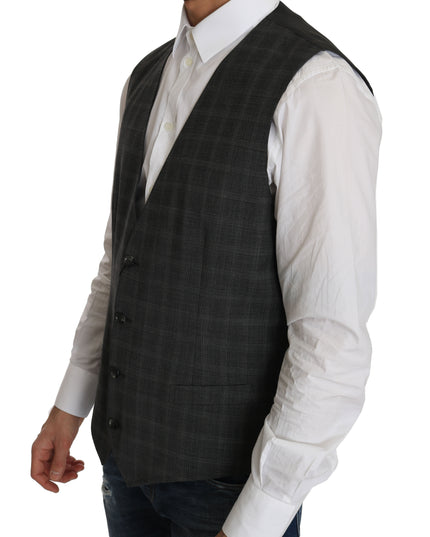 Dolce & Gabbana Gray Wool STAFF Checkered Stretch Vest