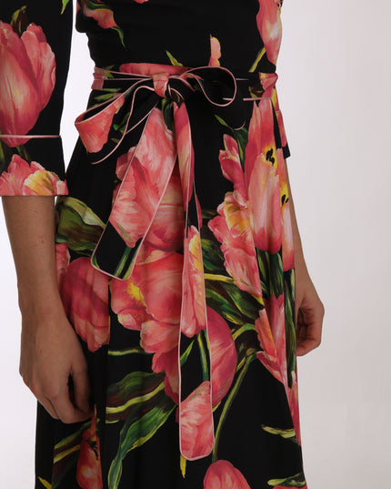 Dolce & Gabbana Black Pink Tulip Print Stretch Shift Dress